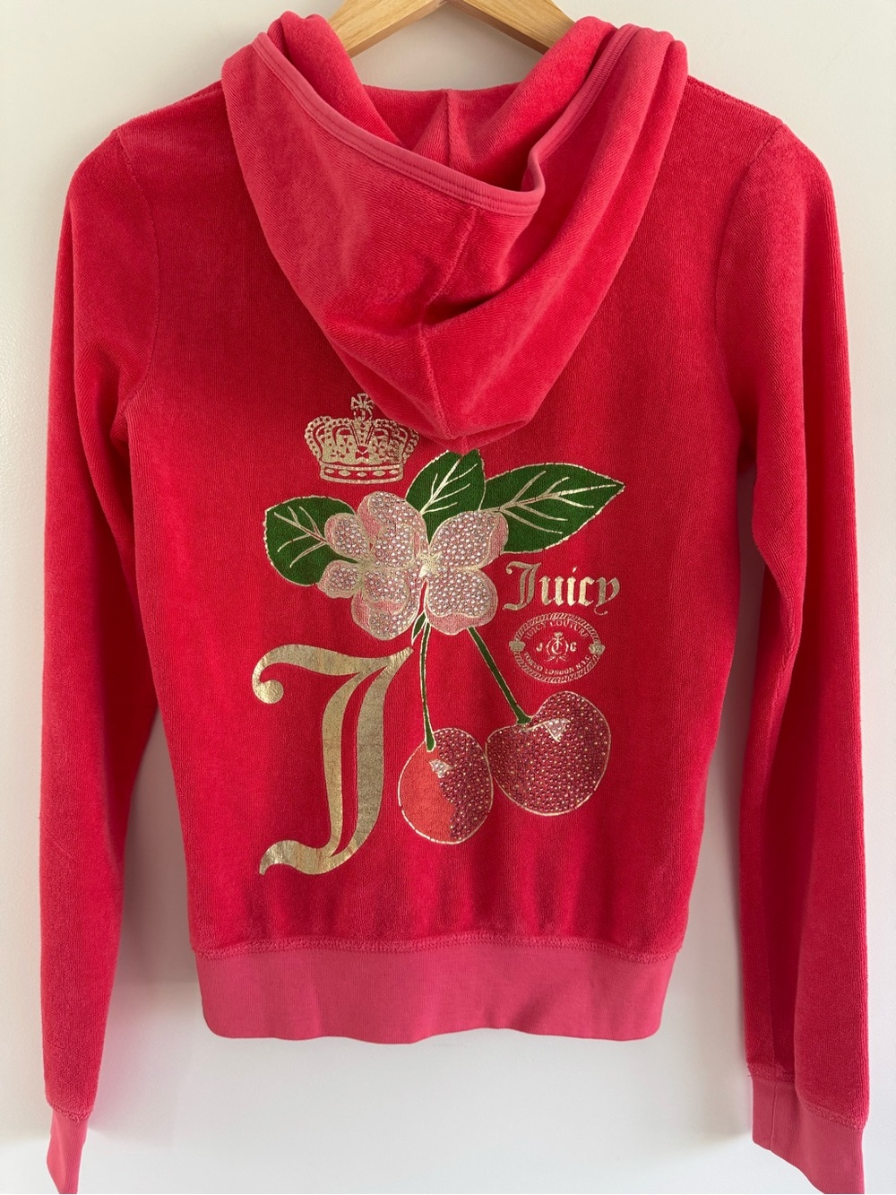 Juicy Couture Pink Velour Hoodie Zip Jacket with Cherry Design